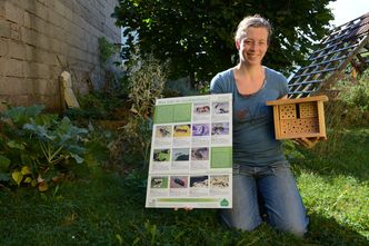 Simone Hepp stellt Insektennisthilfen und Infotafel vor Insektentafel für Wildbienen