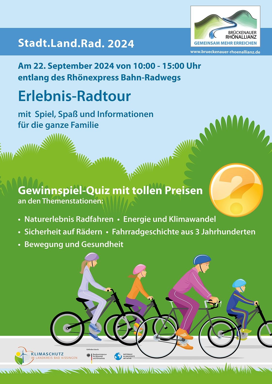 Das ist ein Poster zum Radaktionstag am 22. September entlang des Rhönexpress Bahn-Radwegs. Es gibt ein Gewinnspiel mit tollen Preisen und verschiedenen Infoständen.